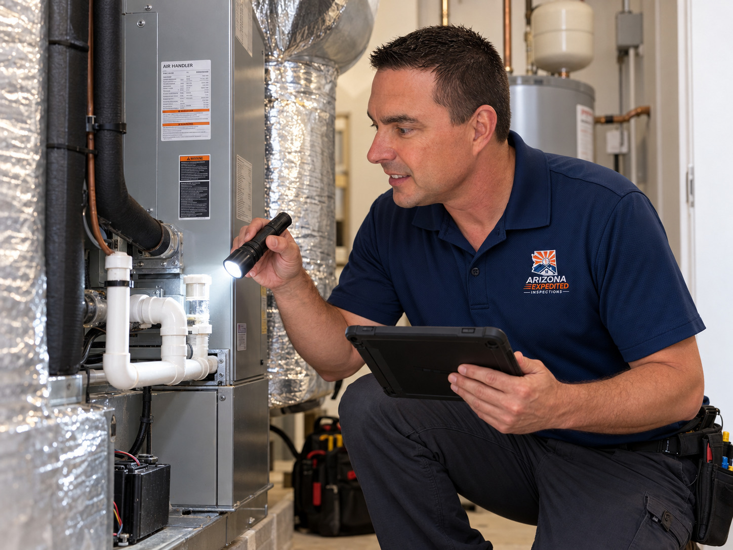 Don Sommers inspecting a residential HVAC system with a flashlight and tablet