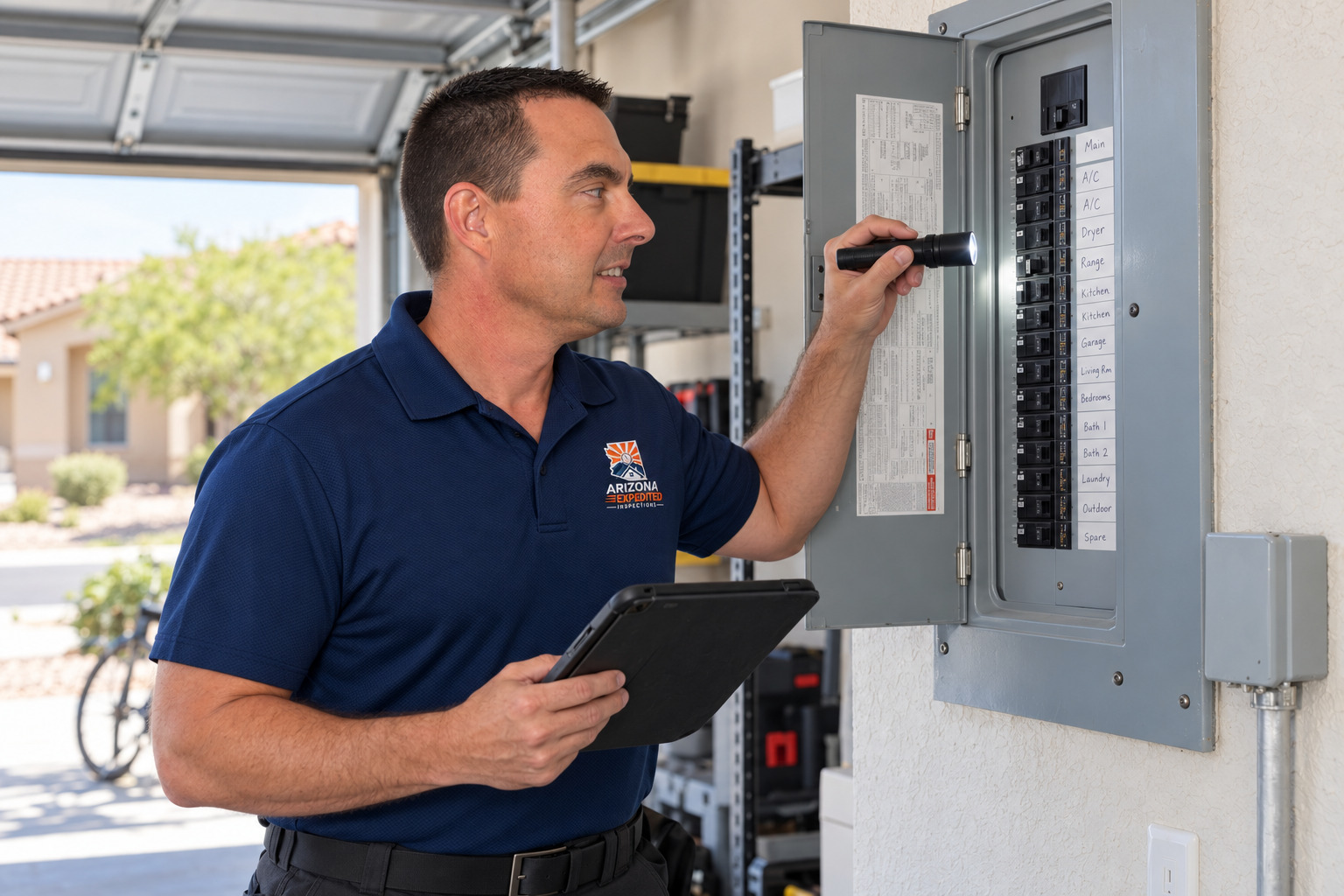 Don Sommers checking an electrical panel during a buyer home inspection