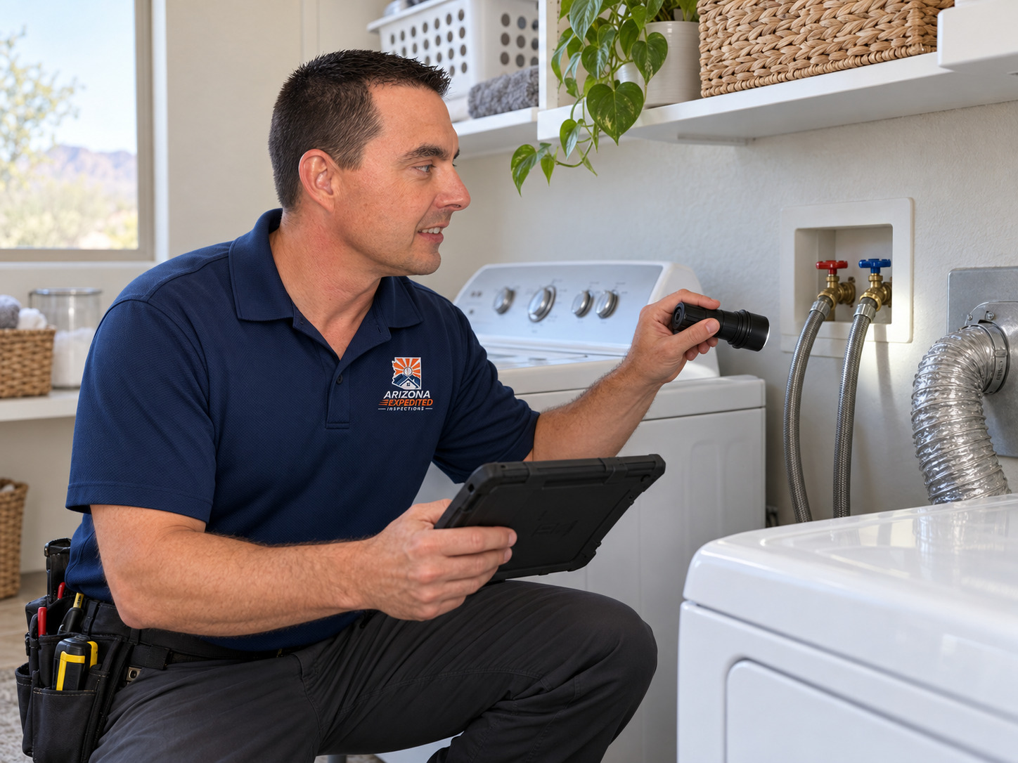Don Sommers checking laundry connections during a homeowner maintenance inspection