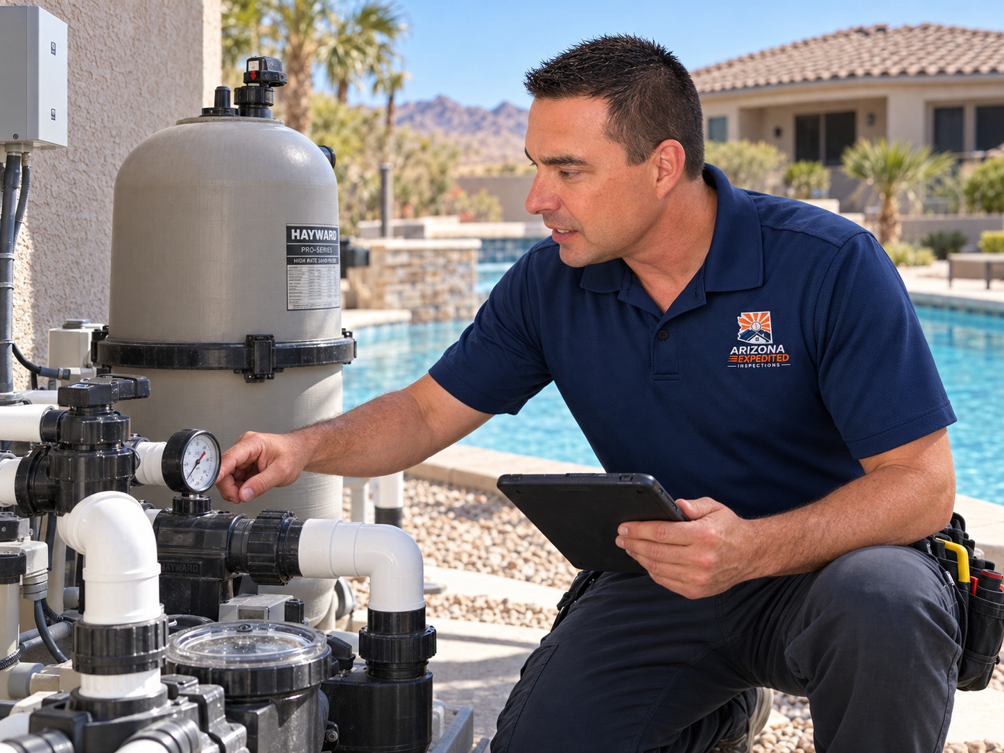 Don Sommers inspecting accessible swimming-pool pump and filtration equipment