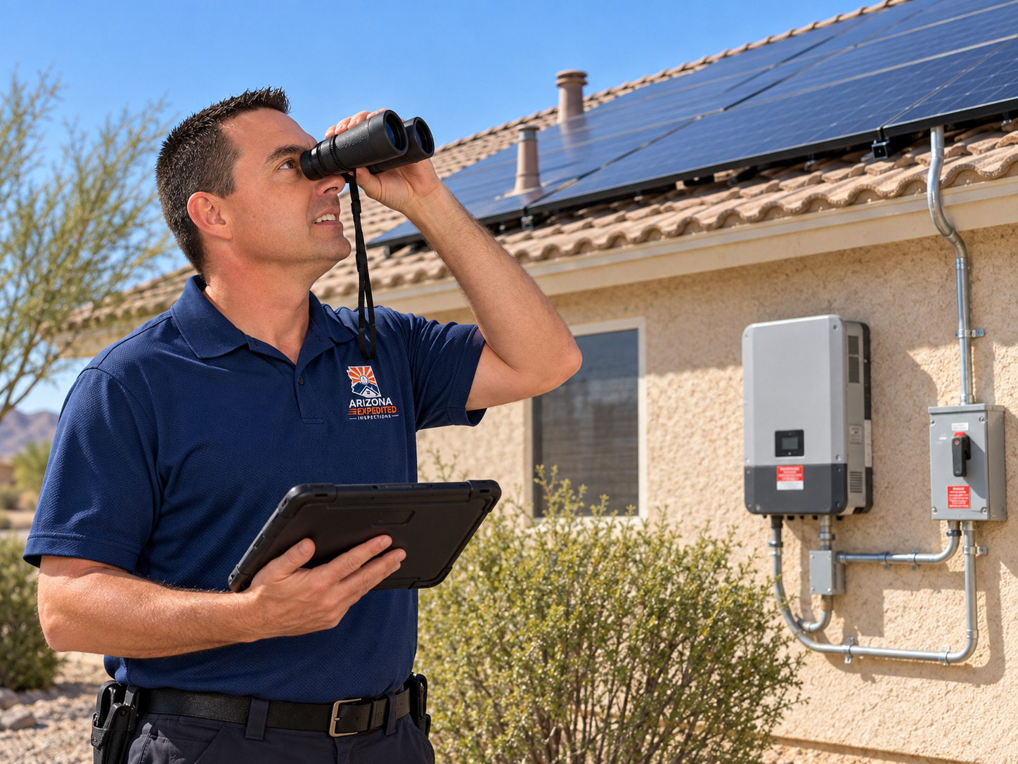 Don Sommers visually inspecting rooftop solar panels and related equipment